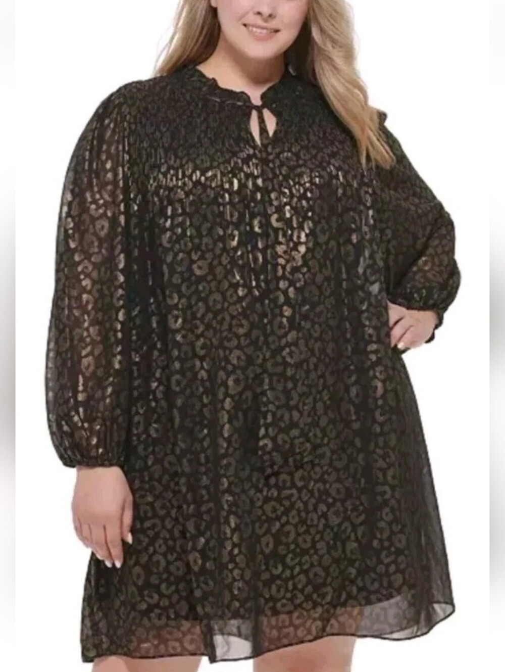 Leopard Print Mini Dress Long Balloon Sleeve Full Size Gold-Black New 18W